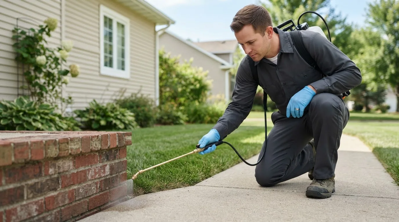 Pest control technician treating a home near Haslett, MI