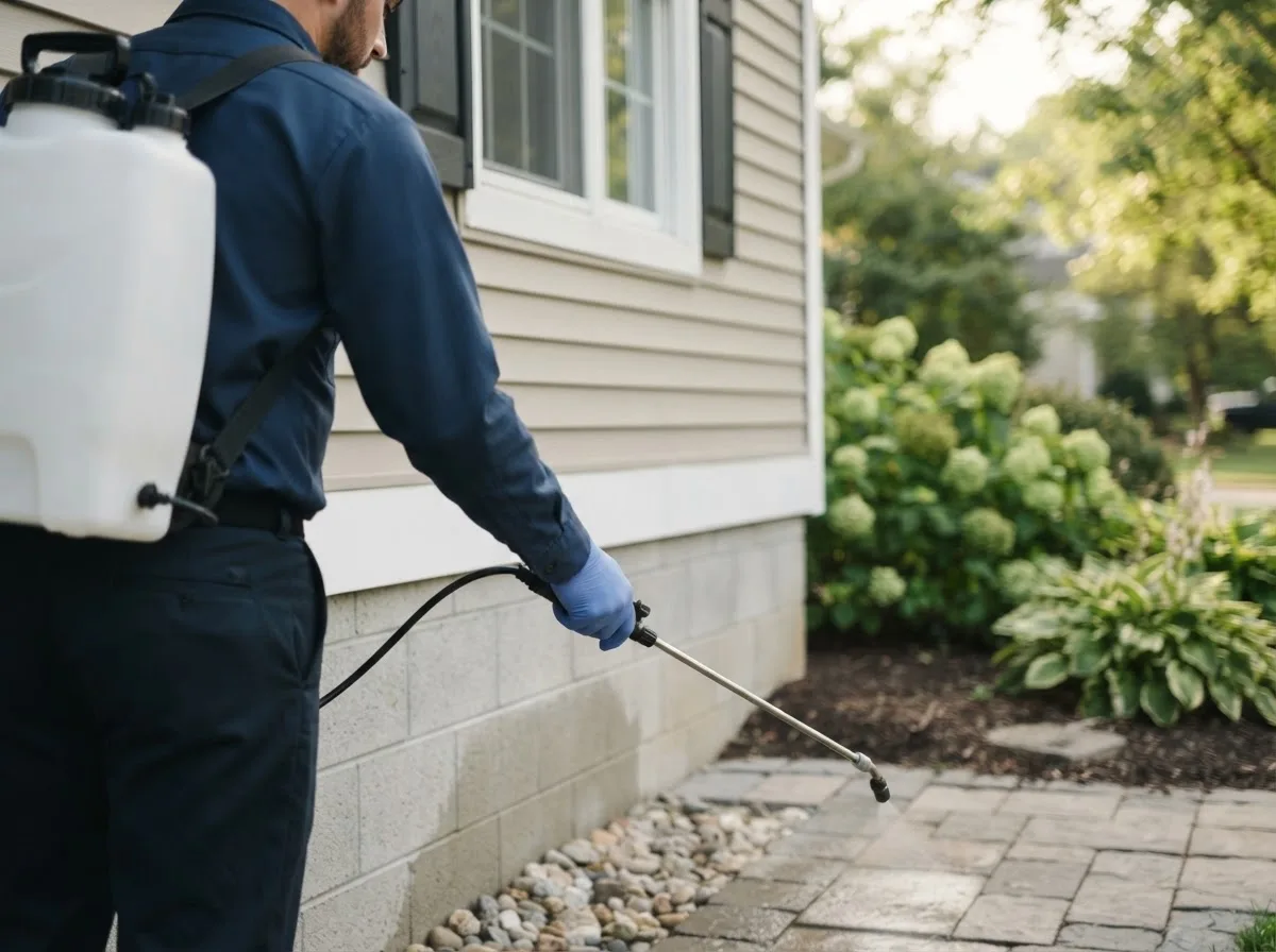 Pest control technician inspecting a home in Haslett, MI